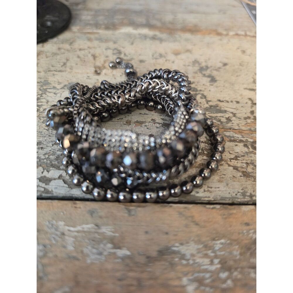 7 Piece Gunmetal Bracelet Set Rhinestone Crystal Bead Chain Stack Silver Gray
